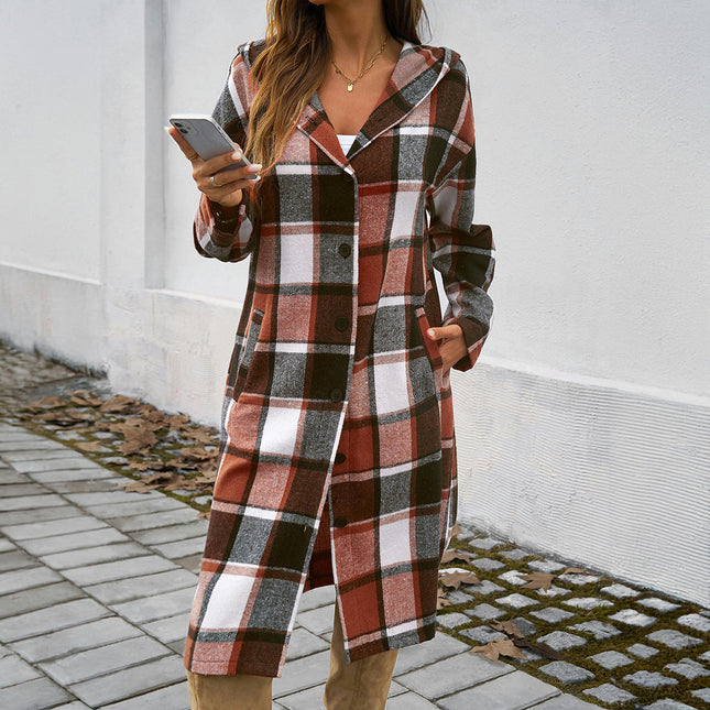 Women's Plaid Jacket Mid-Length Trench Coat Autumn Contrast Breasted Coat with Pockets