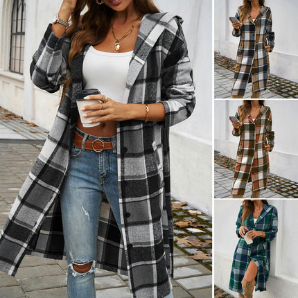 Women's Plaid Jacket Mid-Length Trench Coat Autumn Contrast Breasted Coat with Pockets
