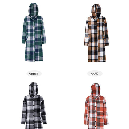 Women's Plaid Jacket Mid-Length Trench Coat Autumn Contrast Breasted Coat with Pockets