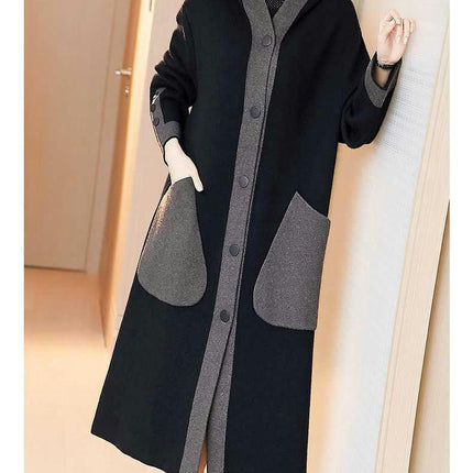 Women's Color Matching Open Front Oversized Hooded Long Cardigan Sweaters with Pockets