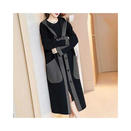 Women's Color Matching Open Front Oversized Hooded Long Cardigan Sweaters with Pockets