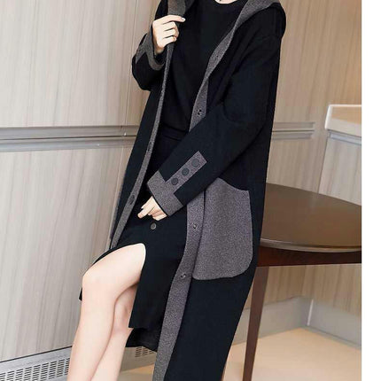 Women's Color Matching Open Front Oversized Hooded Long Cardigan Sweaters with Pockets