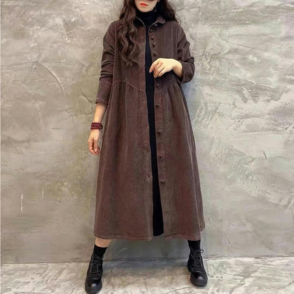 Womens Corduroy Button Down Shirt Dress Lapel Retro Long Jacket Trench Coat Outwear