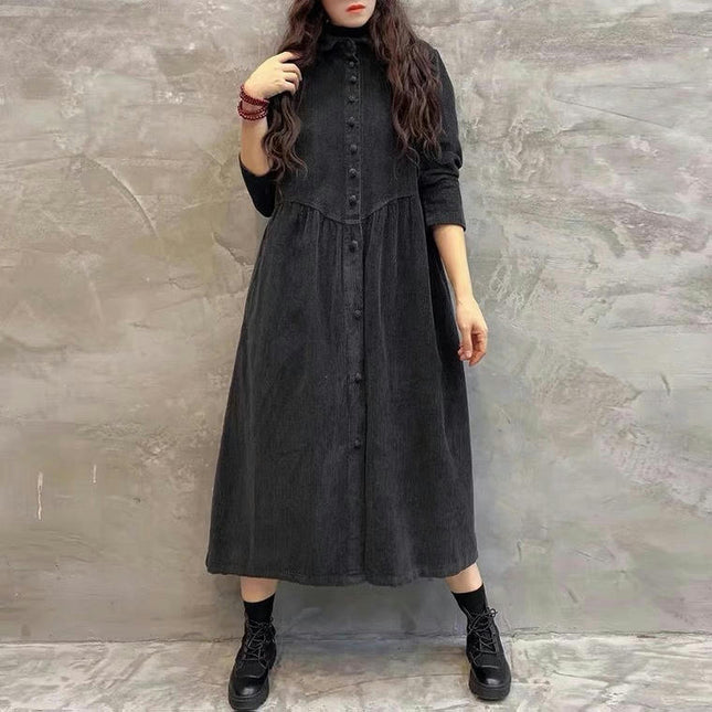 Womens Corduroy Button Down Shirt Dress Lapel Retro Long Jacket Trench Coat Outwear