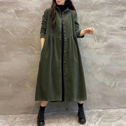 Womens Corduroy Button Down Shirt Dress Lapel Retro Long Jacket Trench Coat Outwear