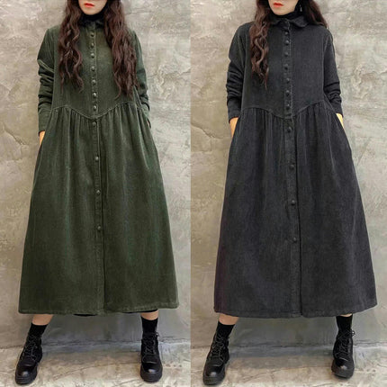 Womens Corduroy Button Down Shirt Dress Lapel Retro Long Jacket Trench Coat Outwear