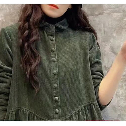 Womens Corduroy Button Down Shirt Dress Lapel Retro Long Jacket Trench Coat Outwear