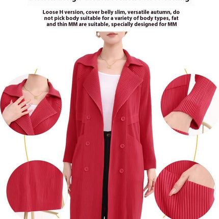 Women's Pleated Double-Breasted Long-Sleeved Jacket-Casual Loose Suit Collar Cape Coat
