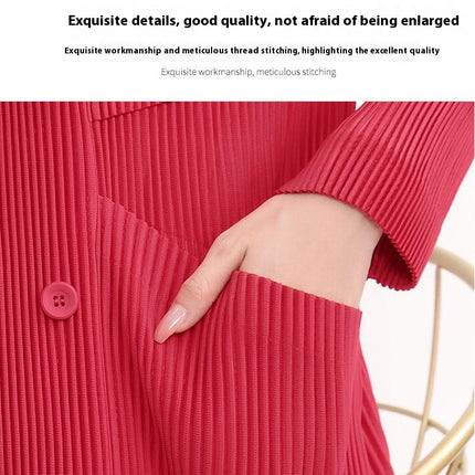 Women's Pleated Double-Breasted Long-Sleeved Jacket-Casual Loose Suit Collar Cape Coat