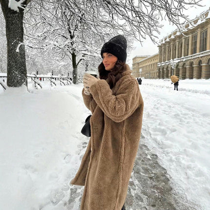 Women Long Sherpa Coat - Fuzzy Faux Fur Trench Jackets Winter Fleece Button Cardigan