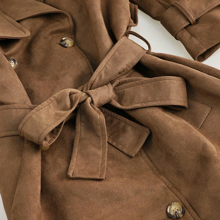 Womens Faux Suede Long Trench Coat Notched Lapel Double Breasted Pea Coat Overcoat with Belt
