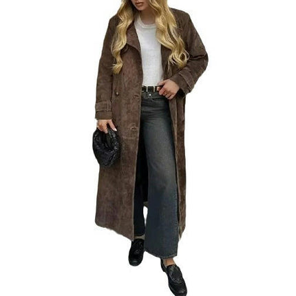 Womens Faux Suede Long Trench Coat Notched Lapel Double Breasted Pea Coat Overcoat with Belt