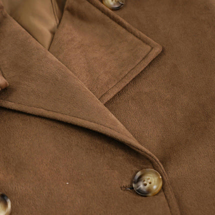 Womens Faux Suede Long Trench Coat Notched Lapel Double Breasted Pea Coat Overcoat with Belt