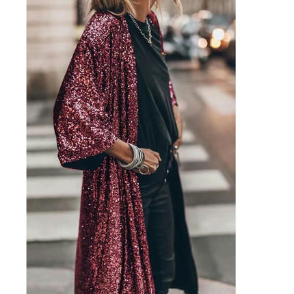 Women's Long Sleeves Full Sequins Open Front Duster Cardigan Cover-up Jacket Coat