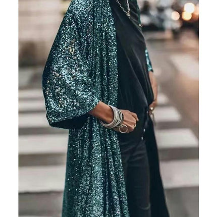 Women's Long Sleeves Full Sequins Open Front Duster Cardigan Cover-up Jacket Coat