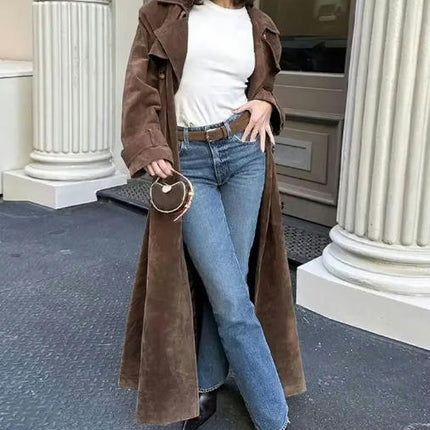 Womens Faux Suede Long Trench Coat Notched Lapel Double Breasted Pea Coat Overcoat with Belt