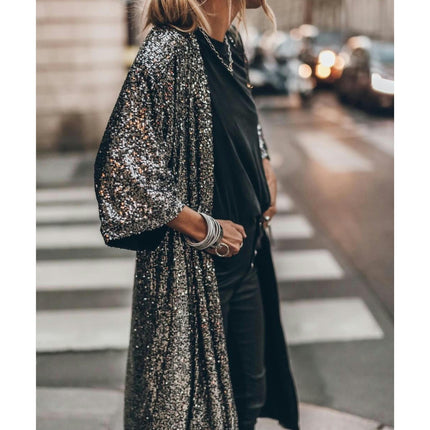 Women's Long Sleeves Full Sequins Open Front Duster Cardigan Cover-up Jacket Coat