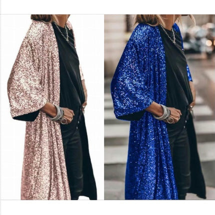 Women's Long Sleeves Full Sequins Open Front Duster Cardigan Cover-up Jacket Coat