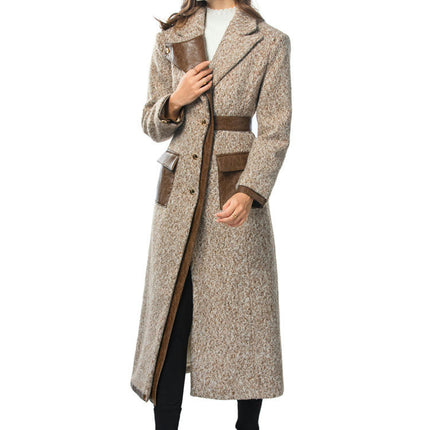 Women's Retro Long Coat Lapel PU Splicing Single Breasted Long Sleeve Windbreaker Jacket