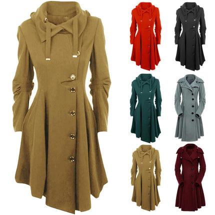 Long Trench Pea Coat for Women-Wool Winter Trench Coat Goth Lapel Peacoat Outwear