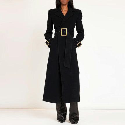 Women's Long Woolen Coat - Notched Lapel Woolen Coat with Gold Buckle Belt