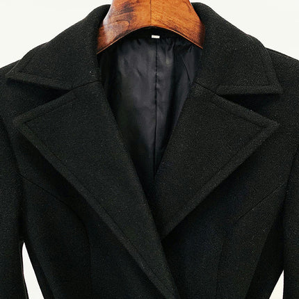 Women's Long Woolen Coat - Notched Lapel Woolen Coat with Gold Buckle Belt
