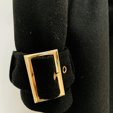 Women's Long Woolen Coat - Notched Lapel Woolen Coat with Gold Buckle Belt