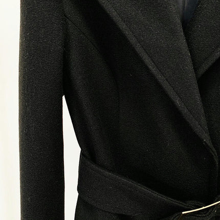 Women's Long Woolen Coat - Notched Lapel Woolen Coat with Gold Buckle Belt