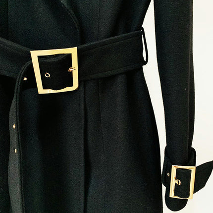 Women's Long Woolen Coat - Notched Lapel Woolen Coat with Gold Buckle Belt