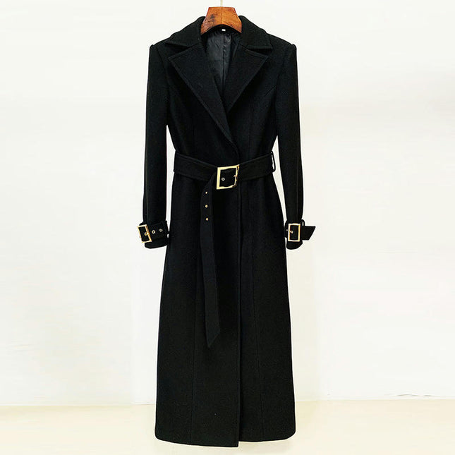 Women's Long Woolen Coat - Notched Lapel Woolen Coat with Gold Buckle Belt