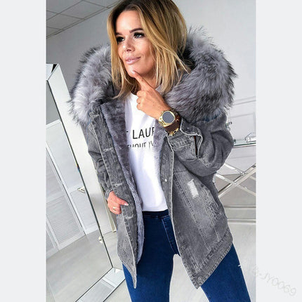 Denim Jacket for Women Lined Faux Fleece, Short Winter Jeans Coat with Detachable Faux-fur Collar