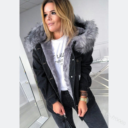 Denim Jacket for Women Lined Faux Fleece, Short Winter Jeans Coat with Detachable Faux-fur Collar