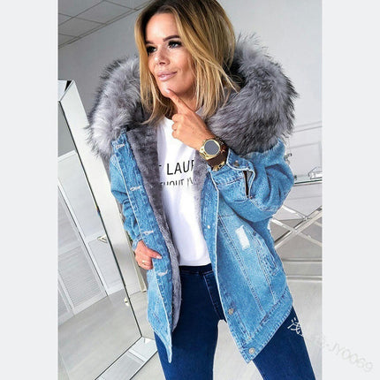 Denim Jacket for Women Lined Faux Fleece, Short Winter Jeans Coat with Detachable Faux-fur Collar