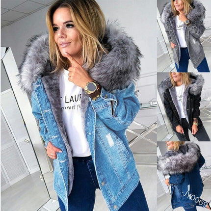 Denim Jacket for Women Lined Faux Fleece, Short Winter Jeans Coat with Detachable Faux-fur Collar