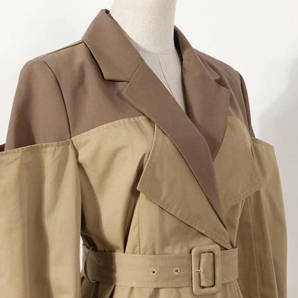 Women's Two-color Splicing Lapel Trench Coat Long Knee-length Coat Dress with Belt