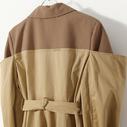 Women's Two-color Splicing Lapel Trench Coat Long Knee-length Coat Dress with Belt