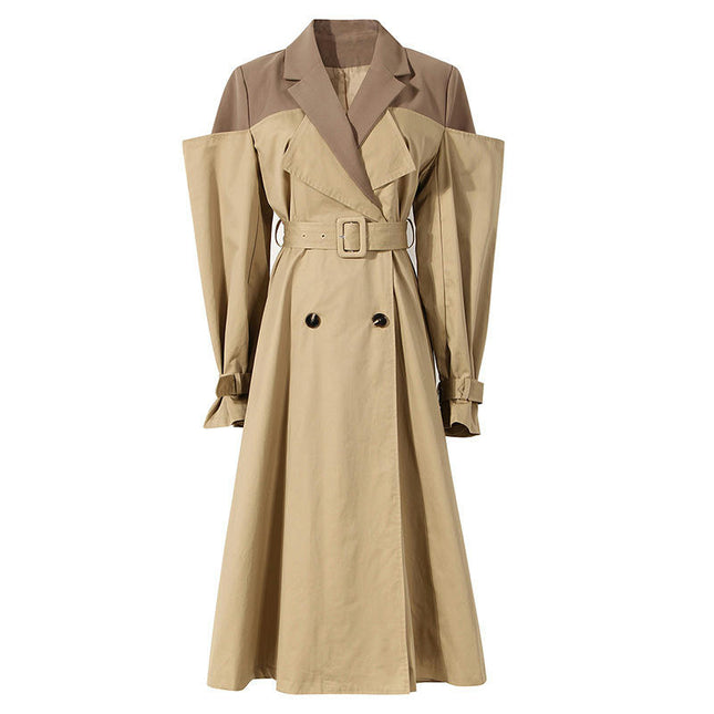 Women's Two-color Splicing Lapel Trench Coat Long Knee-length Coat Dress with Belt