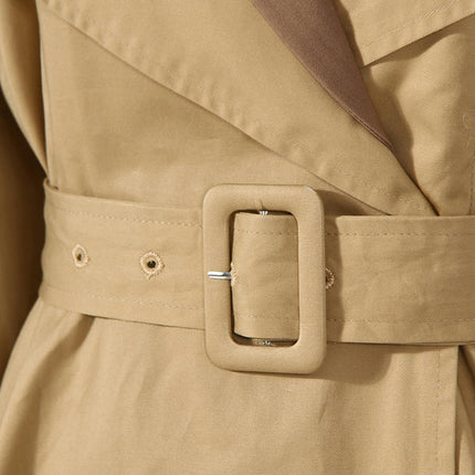 Women's Two-color Splicing Lapel Trench Coat Long Knee-length Coat Dress with Belt