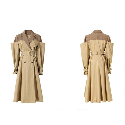 Women's Two-color Splicing Lapel Trench Coat Long Knee-length Coat Dress with Belt