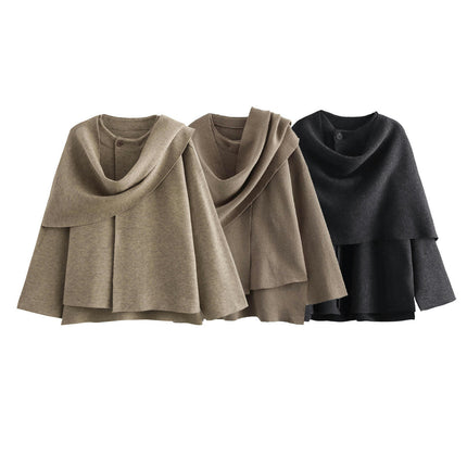 Women's Crop Knit Scarf Coat High Low Long Sleeves Knit Cardigan with Undetachable Scarf