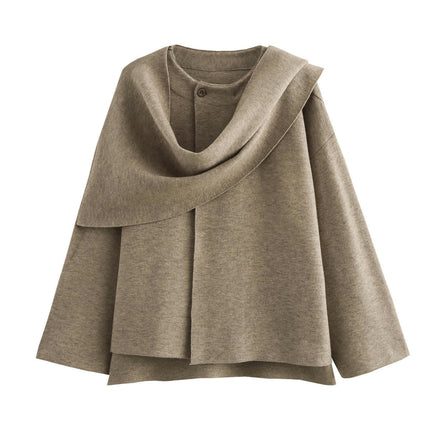 Women's Crop Knit Scarf Coat High Low Long Sleeves Knit Cardigan with Undetachable Scarf