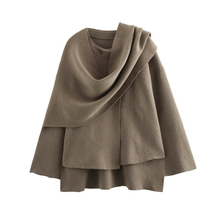 Women's Crop Knit Scarf Coat High Low Long Sleeves Knit Cardigan with Undetachable Scarf