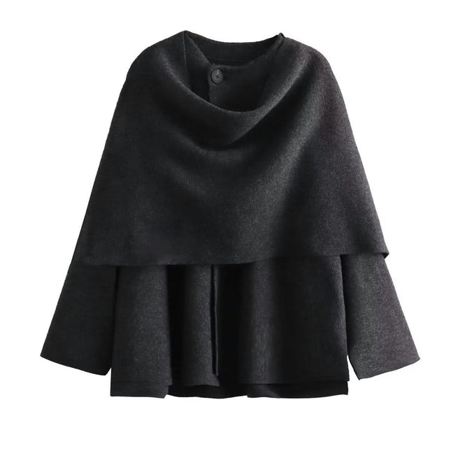 Women's Crop Knit Scarf Coat High Low Long Sleeves Knit Cardigan with Undetachable Scarf