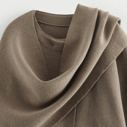 Women's Crop Knit Scarf Coat High Low Long Sleeves Knit Cardigan with Undetachable Scarf