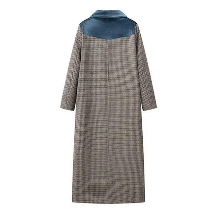 Women's Plaid Woolen Coat - Scarf Collar Single Button Long Trench Coat