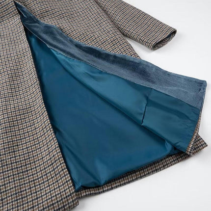 Women's Plaid Woolen Coat - Scarf Collar Single Button Long Trench Coat