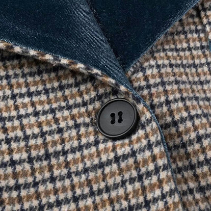 Women's Plaid Woolen Coat - Scarf Collar Single Button Long Trench Coat
