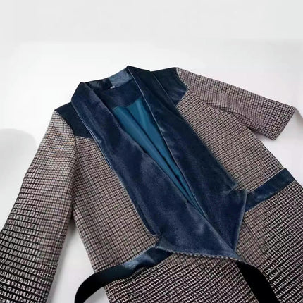 Women's Plaid Woolen Coat - Scarf Collar Single Button Long Trench Coat