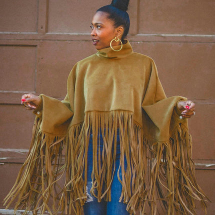 Women's Autumn and Winter Deerskin Fringed Cape Coat