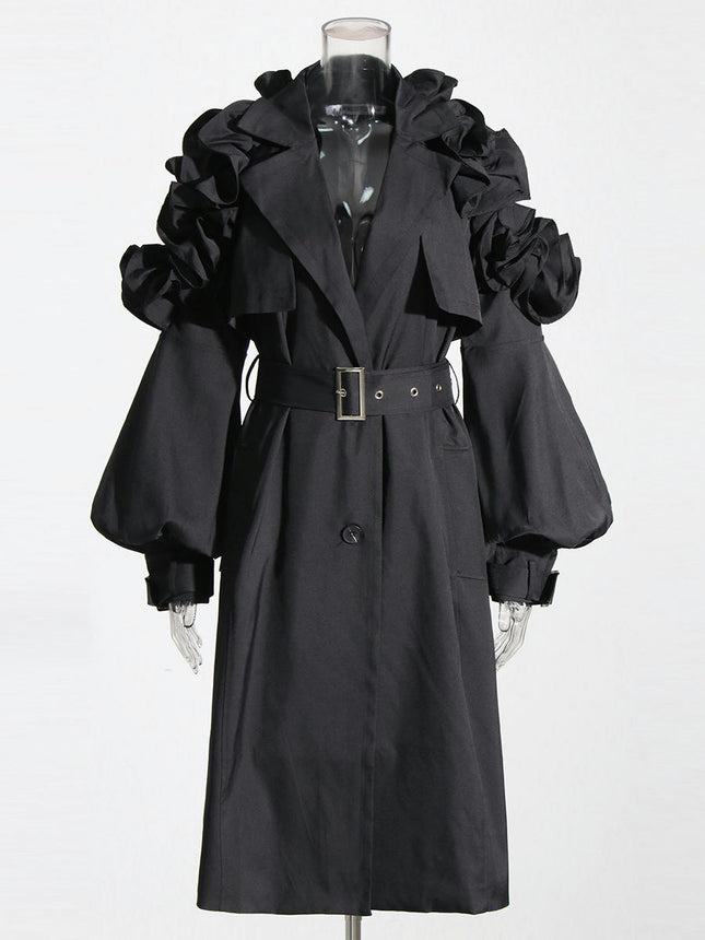 Women's Long Lapel Ruffle Long Sleeve Splicing Slim Coat with Belt